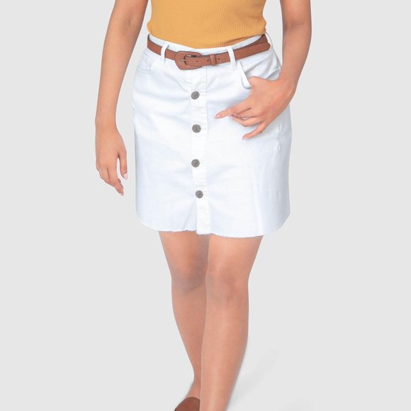 OLGYN Dresses & Skirts - OLGYN High-Waisted Fringe Hem White Denim Skirt